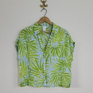 Sigrid Olsen Green Leaf Print Linen Boxy Button Down Size Medium